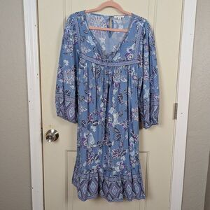 Beach Lunch Lounge | Blue Floral Boho Midi Dress Size XL